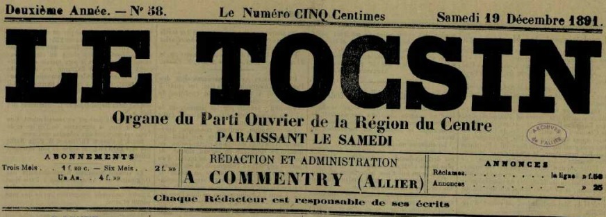 Photo (Allier. Archives départementales) de : Le Tocsin. Commentry, 1890-1895. ISSN 2138-6579.