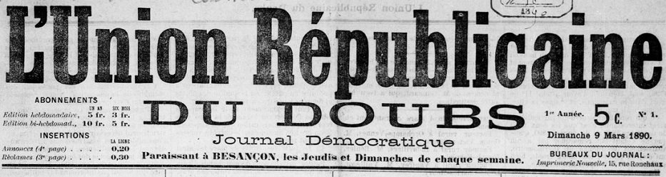 Photo (BnF / Gallica) de : L'Union républicaine du Doubs. Besançon, 1890-1892. ISSN 2139-5713.