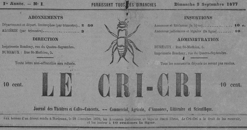 Photo (Occitanie) de : Le Cri-cri. Perpignan, 1877-[1878 ?]. ISSN 2125-1568.