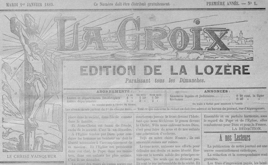 Photo (Occitanie) de : La Croix. Édition de la Lozère. Mende, 1889-1893. ISSN 2125-1762.