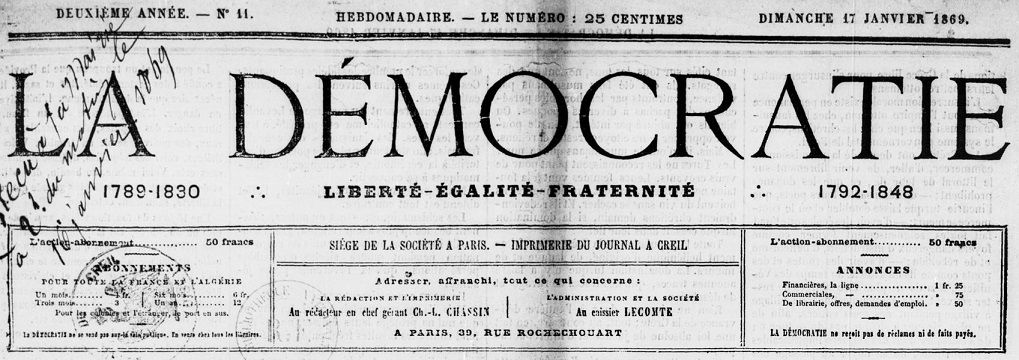 Photo (BnF / Gallica) de : La Démocratie. Paris, 1868-1871. ISSN 2125-6330.