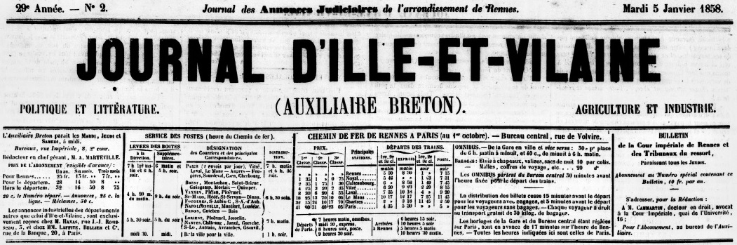 Photo (Bibliothèque de Rennes Métropole, Les Tablettes rennaises) de : Journal d'Ille-et-Vilaine. Rennes, 1858-1888. ISSN 2130-2316.