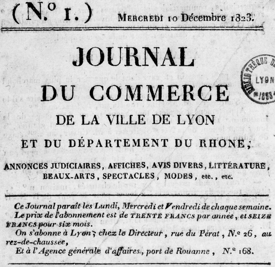 Photo (BnF / Gallica) de : Journal du commerce de la ville de Lyon et du département du Rhône. Lyon : J.-M. Boursy, 1823-[1844 ?]. ISSN 2130-8438.