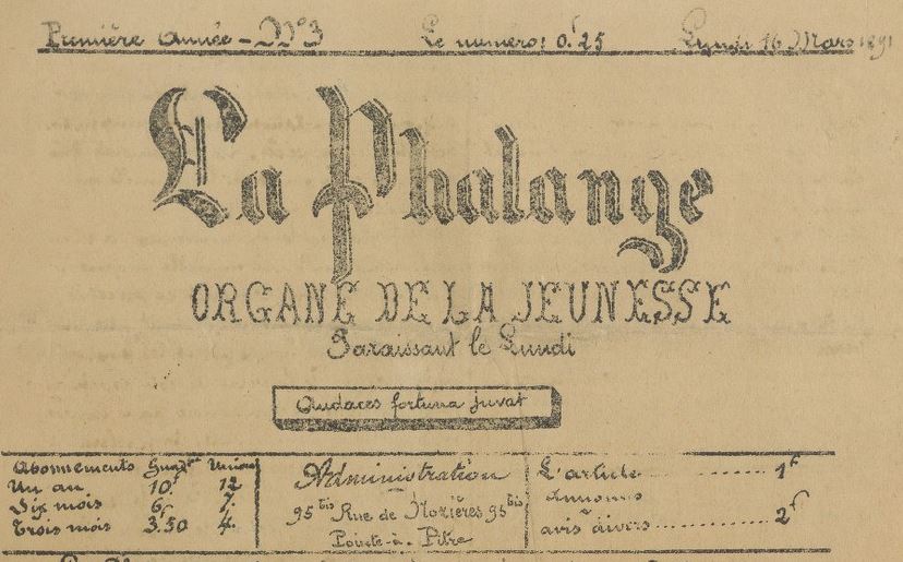 Photo (BnF / Gallica) de : La Phalange. Pointe-à-Pitre, 1891-1892 [?]. ISSN 2609-9438.