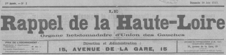 Photo (Haute-Loire. Archives départementales) de : Le Rappel de la Haute-Loire. Le Puy, 1923-[1938?]. ISSN 2024-6196.