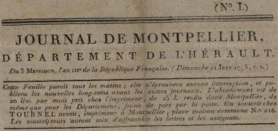 Photo (Hérault. Archives départementales) de : Journal de Montpellier. Montpellier, 1795-[1795 ?]. ISSN 2739-1876.