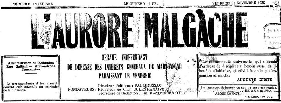 Photo (BnF / Gallica) de : L'Aurore malgache. Tananarive, 1930-1934. ISSN 2741-1117.