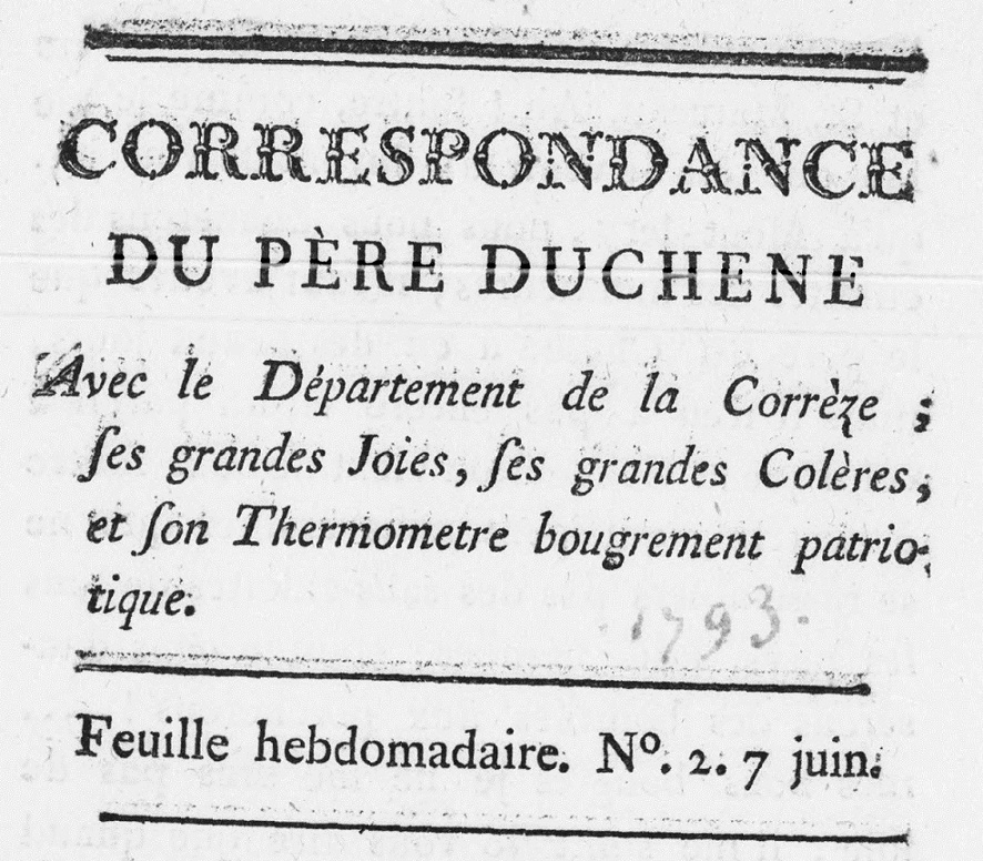 Photo (BnF / Gallica) de : Correspondance du Père Duchêne avec le département de la Corrèze. Tulle, 1793. ISSN 2124-4529.