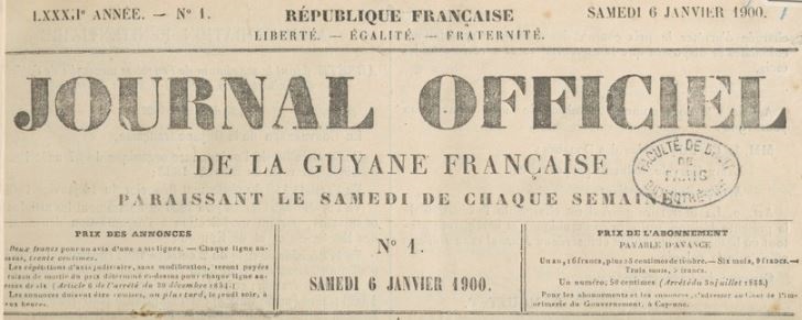 Photo (BnF / Gallica) de : Journal officiel de la Guyane française. Cayenne : Imprimerie du Gouvernement, 1900-1947. ISSN 2019-0255.