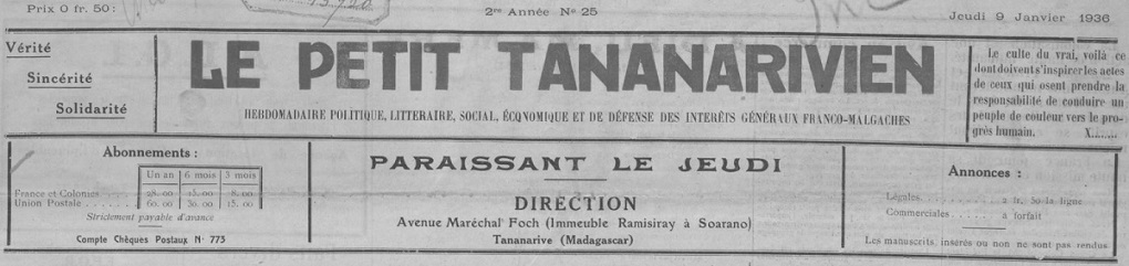 Photo (BnF / Gallica) de : Le Petit Tananarivien. Tananarive, 1935-[1940 ?]. ISSN 2741-1923.