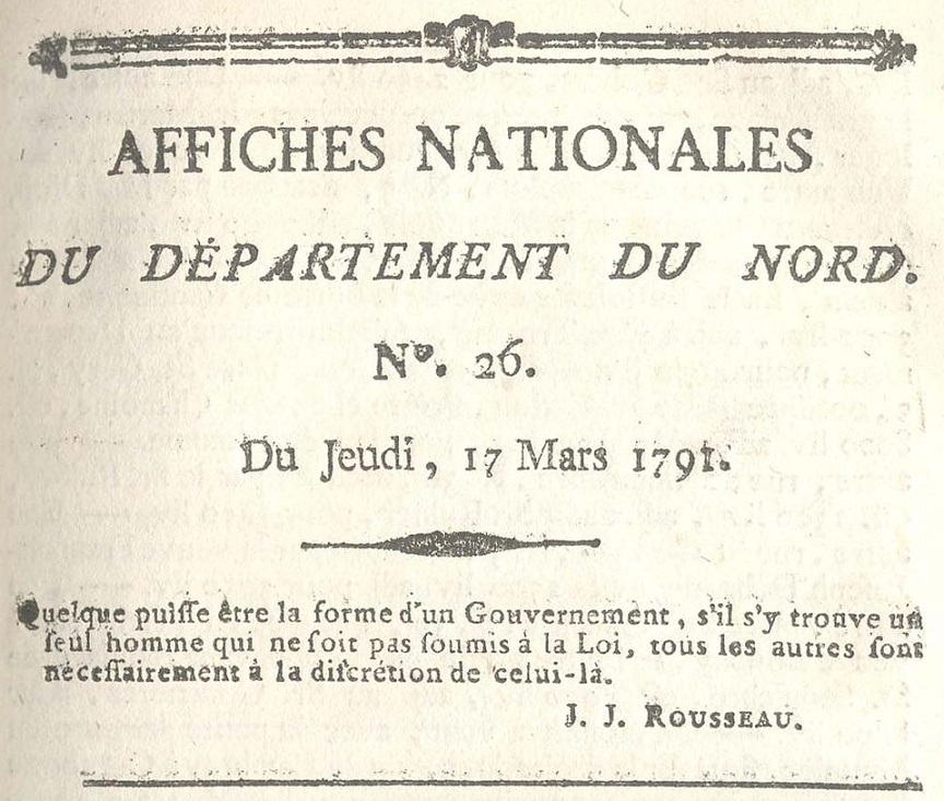Photo (Médiathèque municipale Jean-Lévy (Lille)) de : Affiches nationales du département du Nord. Douai, 1790-1791. ISSN 1967-9238.