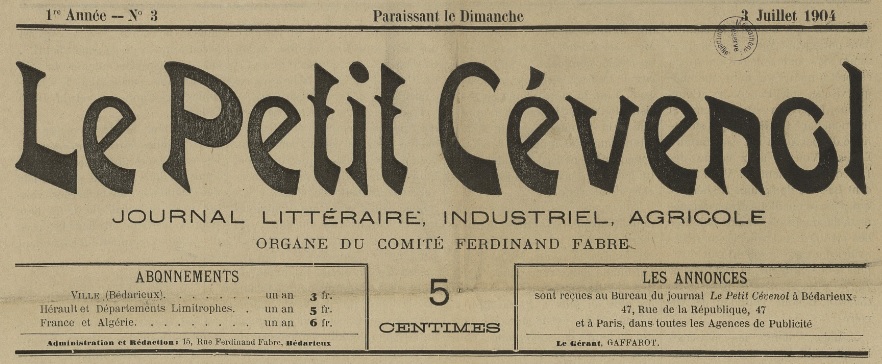 Photo (Montpellier. Bibliothèques municipales) de : Le Petit Cévenol. Bédarieux, 1904-[1904 ?]. ISSN 2740-5966.