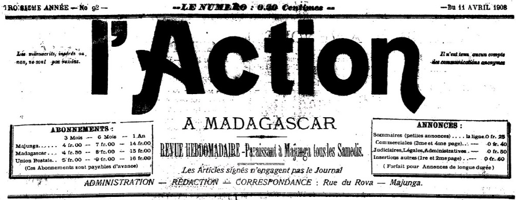 Photo (BnF / Gallica) de : L'Action à Madagascar. Majunga, 1906-1908. ISSN 2741-213X.