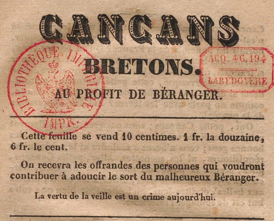 Photo (BnF / Gallica) de : Cancans bretons. Rennes : Mme Veuve Frout, [1832]. ISSN 2609-1011.
