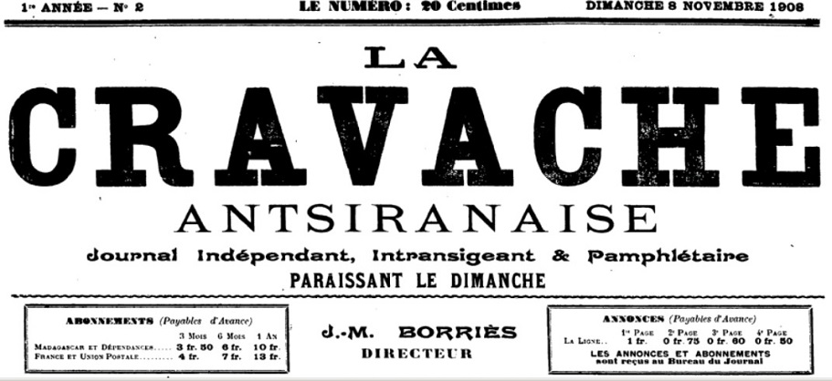 Photo (BnF / Gallica) de : La Cravache antsiranaise. Diégo-Suarez, 1908-[1909 ?]. ISSN 2741-1478.