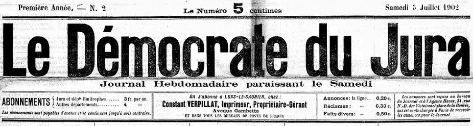 Photo (Jura. Archives départementales) de : Le Démocrate du Jura. Lons-le-Saunier, 1902-1940. ISSN 2125-5881.