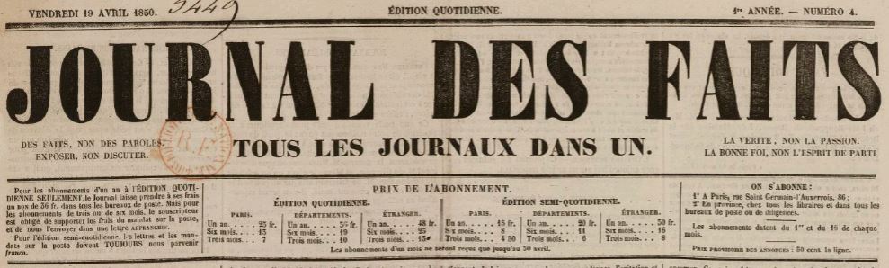 Photo (BnF / Gallica) de : Journal des faits. Paris, 1850-1854. ISSN 2021-3433.