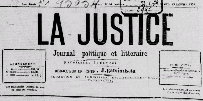 Photo (BnF / Gallica) de : La Justice. Tananarive, 1929-[1929 ?]. ISSN 2741-2571.