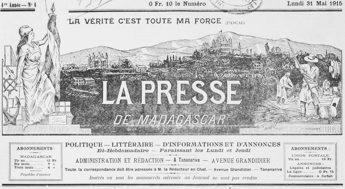 Photo (BnF / Gallica) de : La Presse de Madagascar. Tananarive, 1915. ISSN 2741-2156.