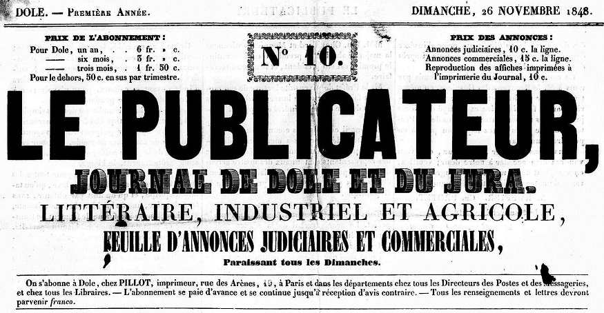 Photo (Jura. Archives départementales) de : Le Publicateur. Dole : Pillot, 1848-1881. ISSN 1247-6471.