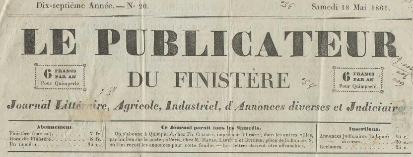 Photo (Centre de recherche bretonne et celtique (Brest, Finistère)) de : Le Publicateur du Finistère. Quimperlé : Guffanti-Breton, 1845-1903. ISSN 2135-6890.