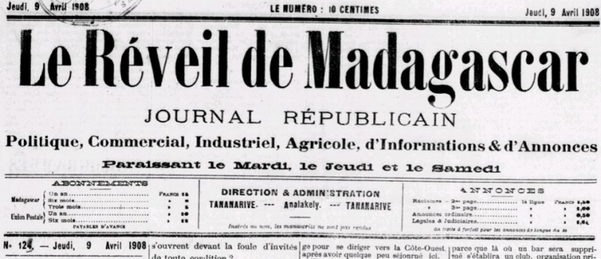 Photo (BnF / Gallica) de : Le Réveil de Madagascar. Tananarive, 1907-[1908 ?]. ISSN 2741-1710.
