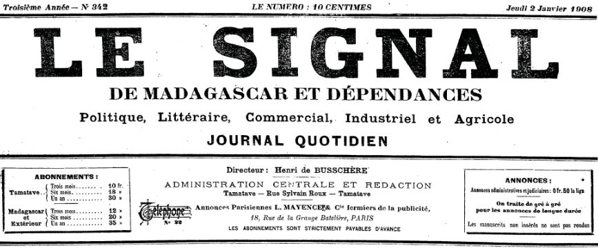 Photo (BnF / Gallica) de : Le Signal de Madagascar et dépendances. Tamatave, 1906-1909. ISSN 2741-1419.