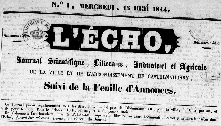Photo (BnF / Gallica) de : L'Écho. Castelnaudary : G.-P. Labadie, 1844-1852. ISSN 2126-0559.