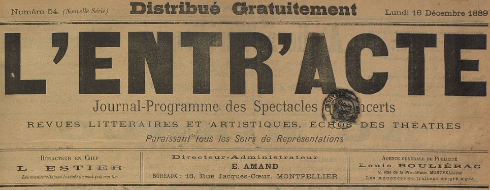 Photo (Montpellier. Bibliothèques municipales) de : L'Entr'acte. Montpellier, 1844-[1889 ?]. ISSN 2127-3138.