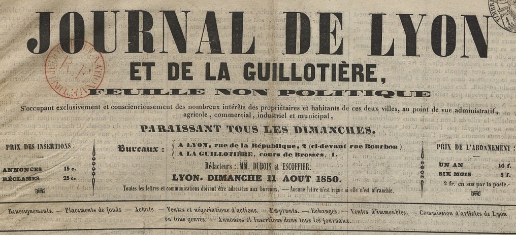 Photo (BnF / Gallica) de : Journal de Lyon et de la Guillotière. Lyon, 1850. ISSN 2130-5021.