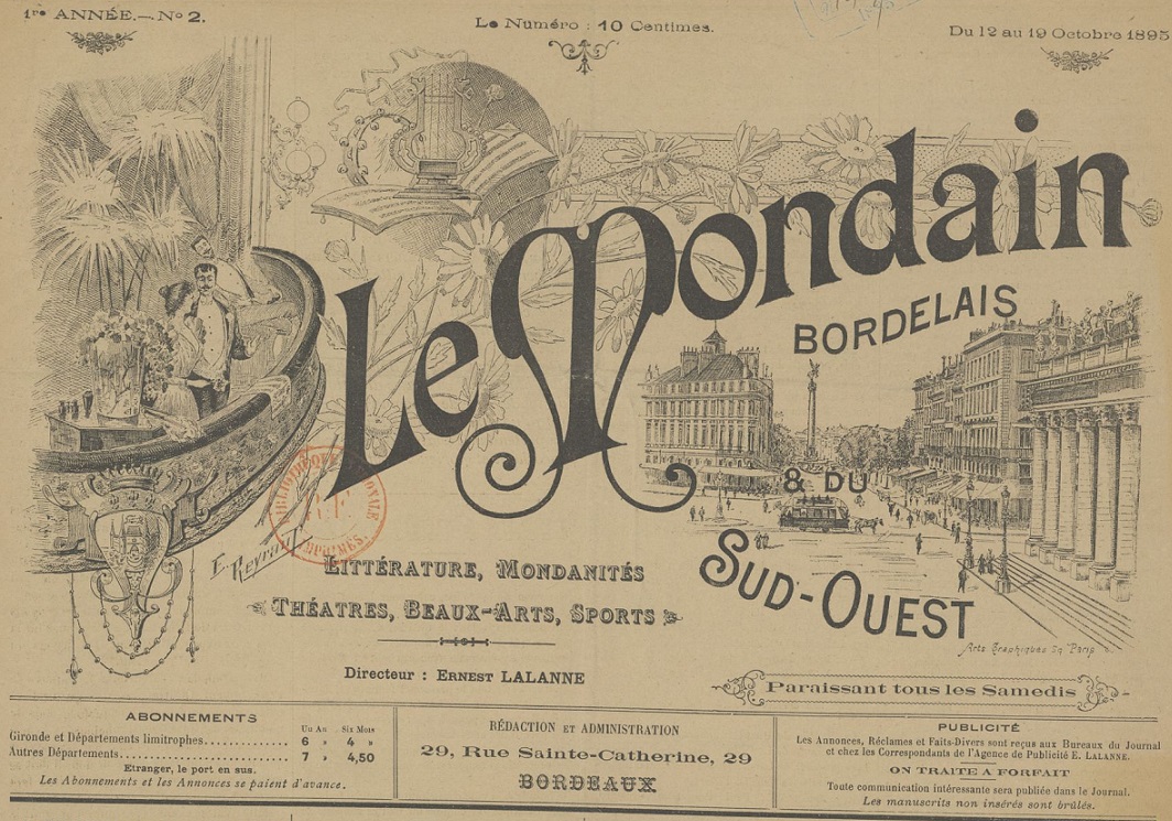 Photo (BnF / Gallica) de : Le Mondain bordelais et du Sud-Ouest. Bordeaux, 1895-[1914?]. ISSN 1250-9698.