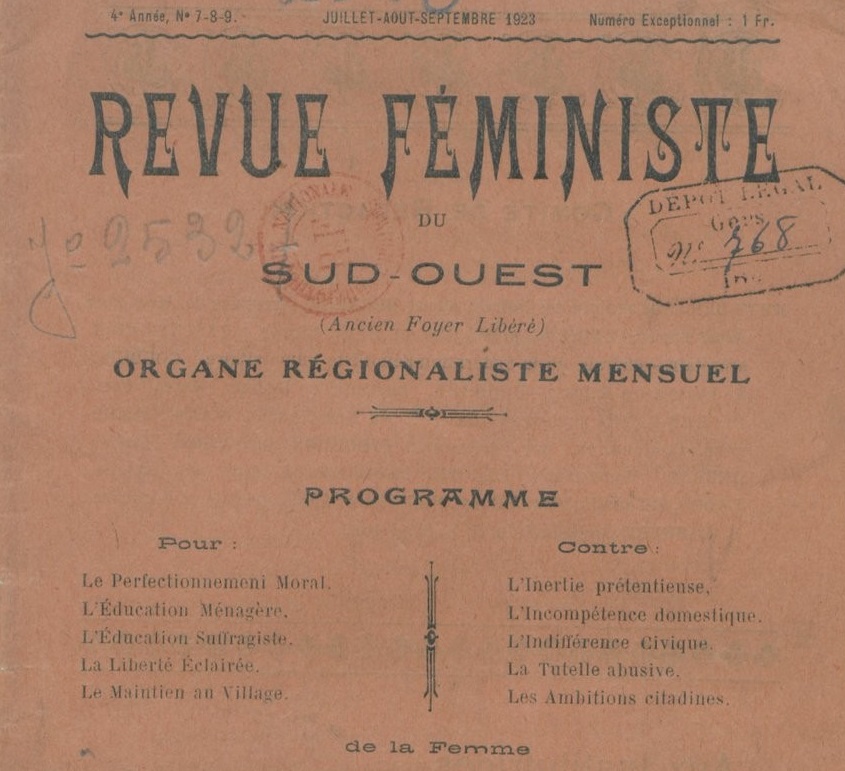 Photo (BnF / Gallica) de : Revue féministe du Sud-Ouest. Agen, 1923-1927. ISSN 2137-4139.
