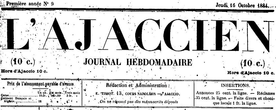 Photo (Archives de la Collectivité de Corse – Pumonti) de : L'Ajaccien. Ajaccio, 1884-[1885 ?]. ISSN 2120-5213.