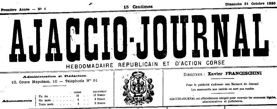 Photo (Archives de la Collectivité de Corse – Pumonti) de : Ajaccio-journal. Ajaccio, 1920-[1943 ?]. ISSN 2120-5256.