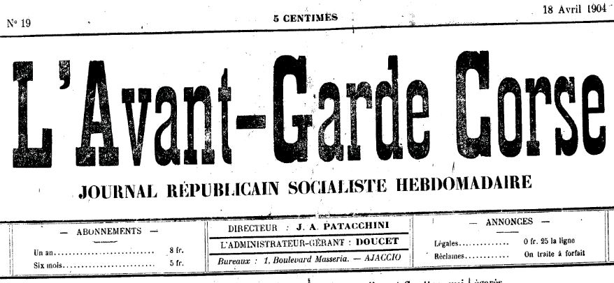 Photo (Archives de la Collectivité de Corse – Pumonti) de : L'Avant-garde corse. Ajaccio, 1908-[1920 ?]. ISSN 2121-2309.
