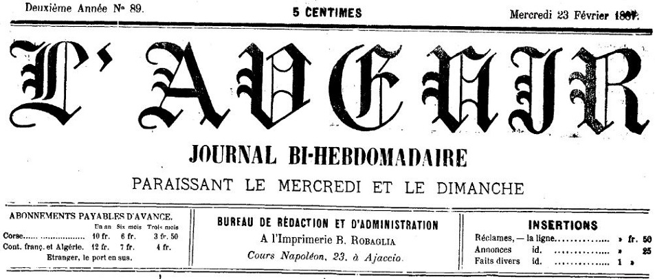 Photo (Archives de la Collectivité de Corse – Pumonti) de : L'Avenir. Ajaccio, 1886-1887. ISSN 2121-2880.