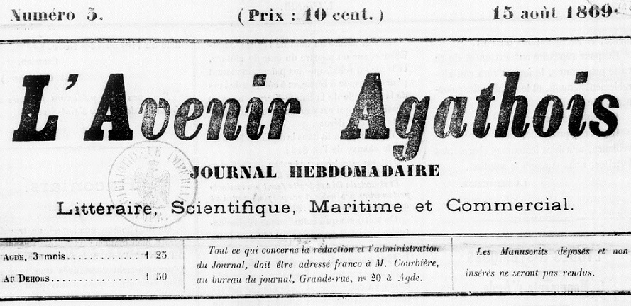 Photo (BnF / Gallica) de : L'Avenir agathois. Agde, 1869-[1870 ?]. ISSN 2121-3232.
