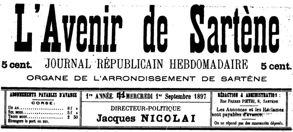 Photo (Archives de la Collectivité de Corse – Pumonti) de : L'Avenir de Sartène. Sartène, 1897. ISSN 2121-5413.