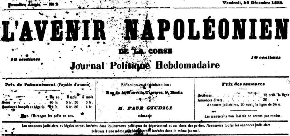 Photo (Archives de la Collectivité de Corse – Pumonti) de : L'Avenir napoléonien de la Corse. Bastia, 1884-[1885 ?]. ISSN 2121-6525.