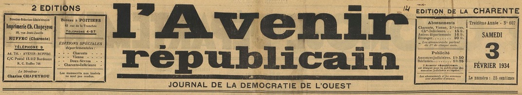 Photo (BnF / Gallica) de : L'Avenir républicain. Ruffec, 1934-1944. ISSN 2121-6703.