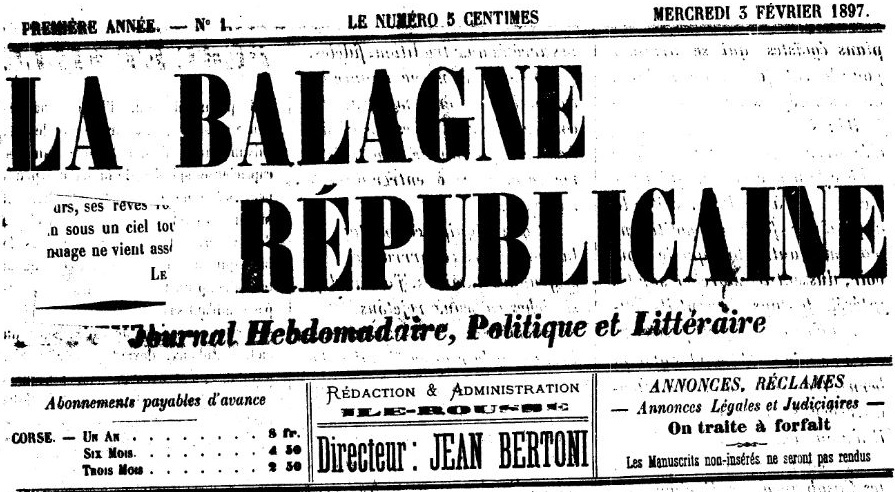 Photo (Archives de la Collectivité de Corse – Pumonti) de : La Balagne républicaine. Ile-Rousse, 1897. ISSN 2121-7777.