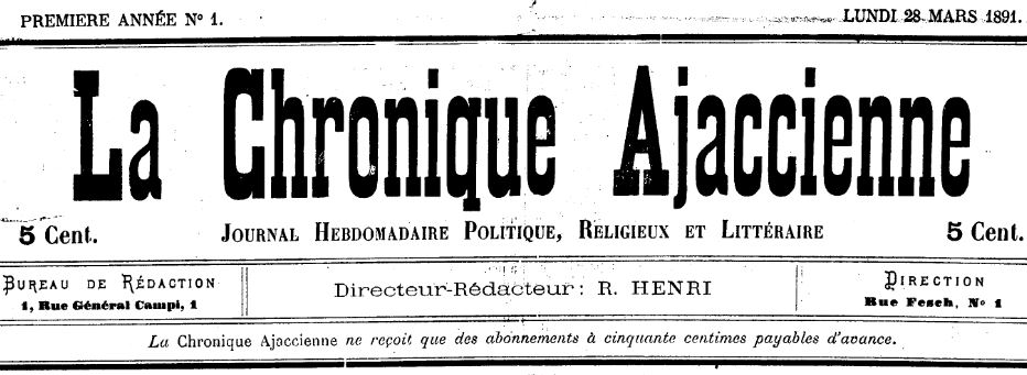 Photo (Archives de la Collectivité de Corse – Pumonti) de : La Chronique ajaccienne. Ajaccio, 1892. ISSN 2123-7395.