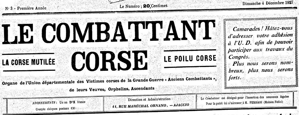 Photo (Archives de la Collectivité de Corse – Pumonti) de : Le Combattant corse. Ajaccio, 1927-[1929 ?]. ISSN 2124-1309.