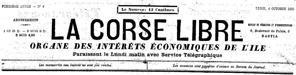 Photo (Archives de la Collectivité de Corse – Pumonti) de : La Corse libre. Bastia, 1920-[1921 ?]. ISSN 2124-5193.