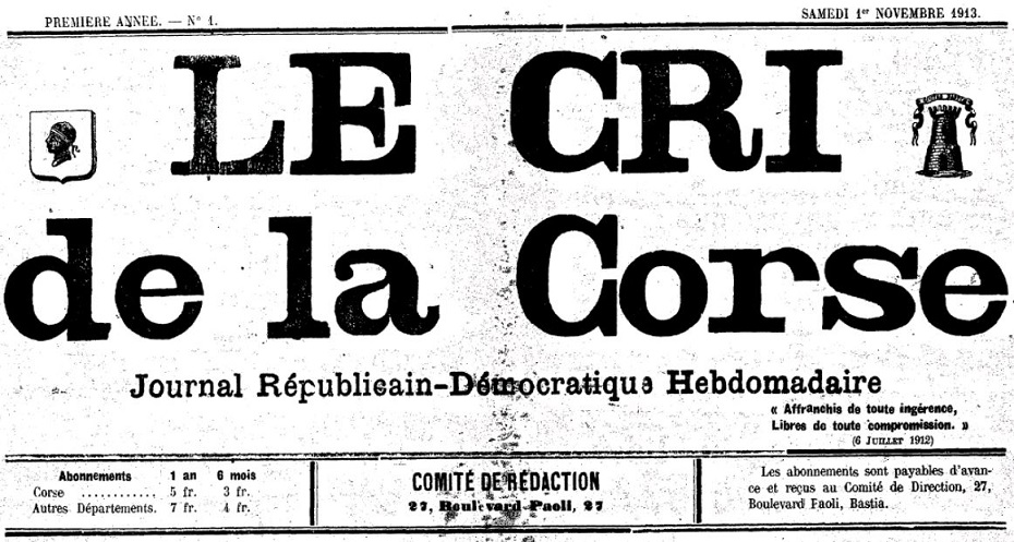 Photo (Archives de la Collectivité de Corse – Pumonti) de : Le Cri de la Corse. Bastia, 1913-[1914 ?]. ISSN 2125-0502.