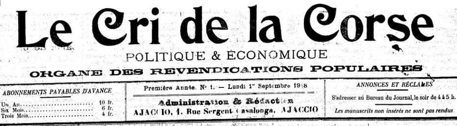 Photo (Archives de la Collectivité de Corse – Pumonti) de : Le Cri de la Corse. Ajaccio, 1918. ISSN 2125-0510.