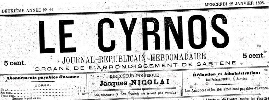 Photo (Archives de la Collectivité de Corse – Pumonti) de : Le Cyrnos. Sartène, 1898. ISSN 2125-3560.
