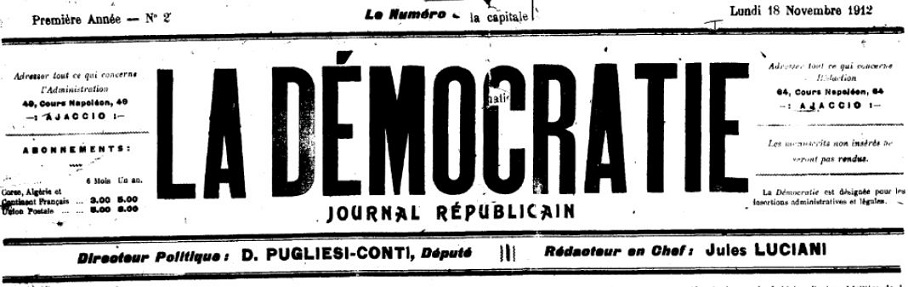 Photo (Archives de la Collectivité de Corse – Pumonti) de : La Démocratie. Ajaccio, 1912-[1919 ?]. ISSN 2125-6292.