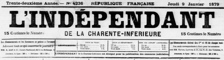 Photo (BnF / Gallica) de : L'Indépendant de la Charente-Inférieure. Saintes, 1848-1944. ISSN 2129-5263.