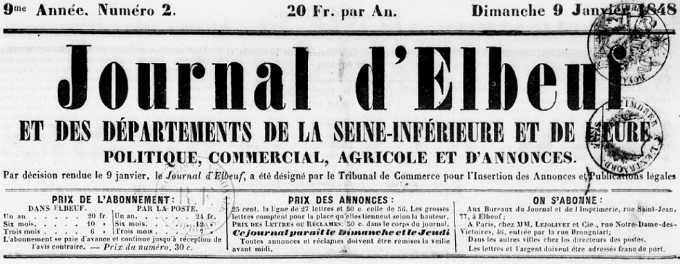 Photo (BnF / Gallica) de : Journal d'Elbeuf et des départements de la Seine-Inférieure et de l'Eure. Elbeuf : Impr. de Levasseur et Barbé, 1846-1888. ISSN 2556-6814.
